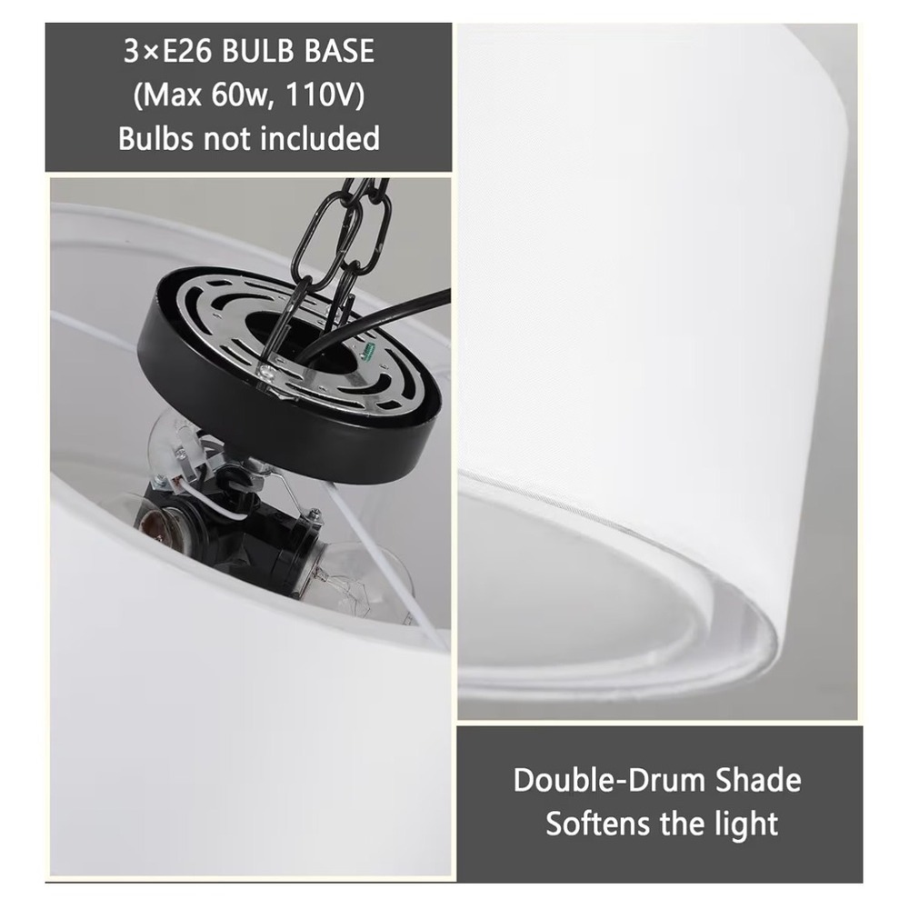 Amazon‎ 13 Inch White Fabric Linen Flush Mount Ceiling Light 3-Light Double Drum - Picture 3 of 5